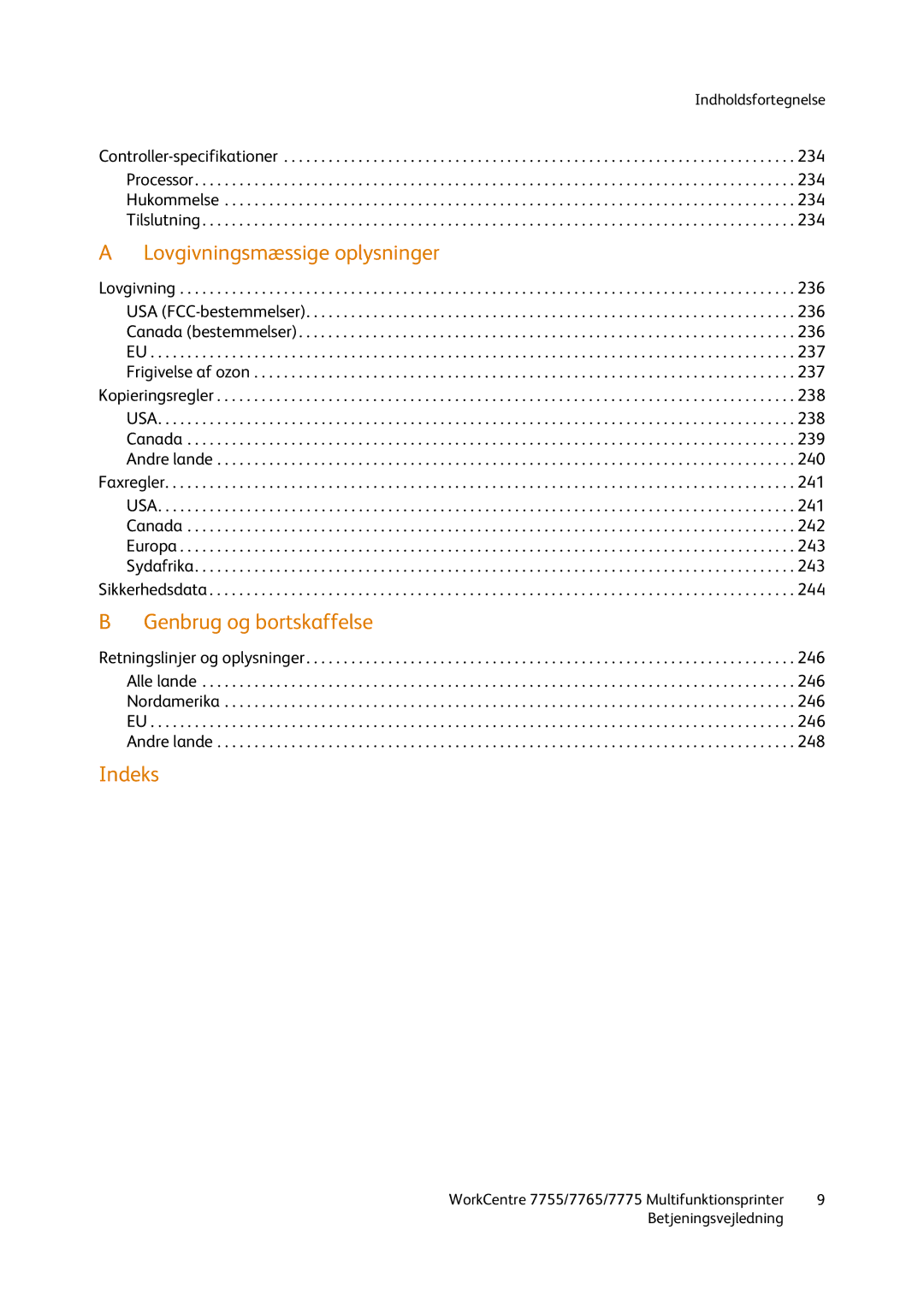 Xerox 7765, 7755, 7775 manual Genbrug og bortskaffelse 