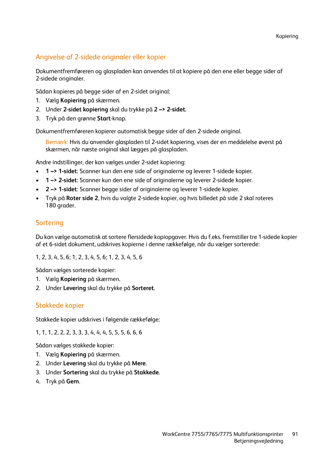 Xerox 7755, 7765, 7775 manual Angivelse af 2-sidede originaler eller kopier, Sortering, Stakkede kopier 