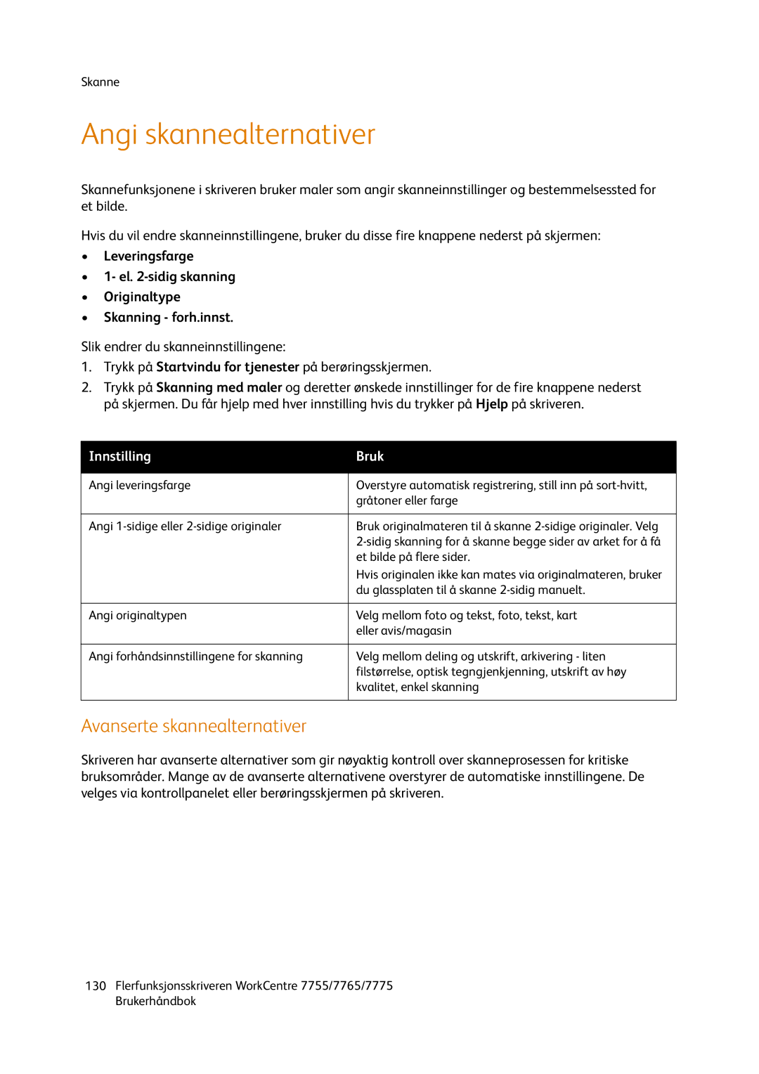 Xerox 7775, 7765, 755 manual Angi skannealternativer, Avanserte skannealternativer 