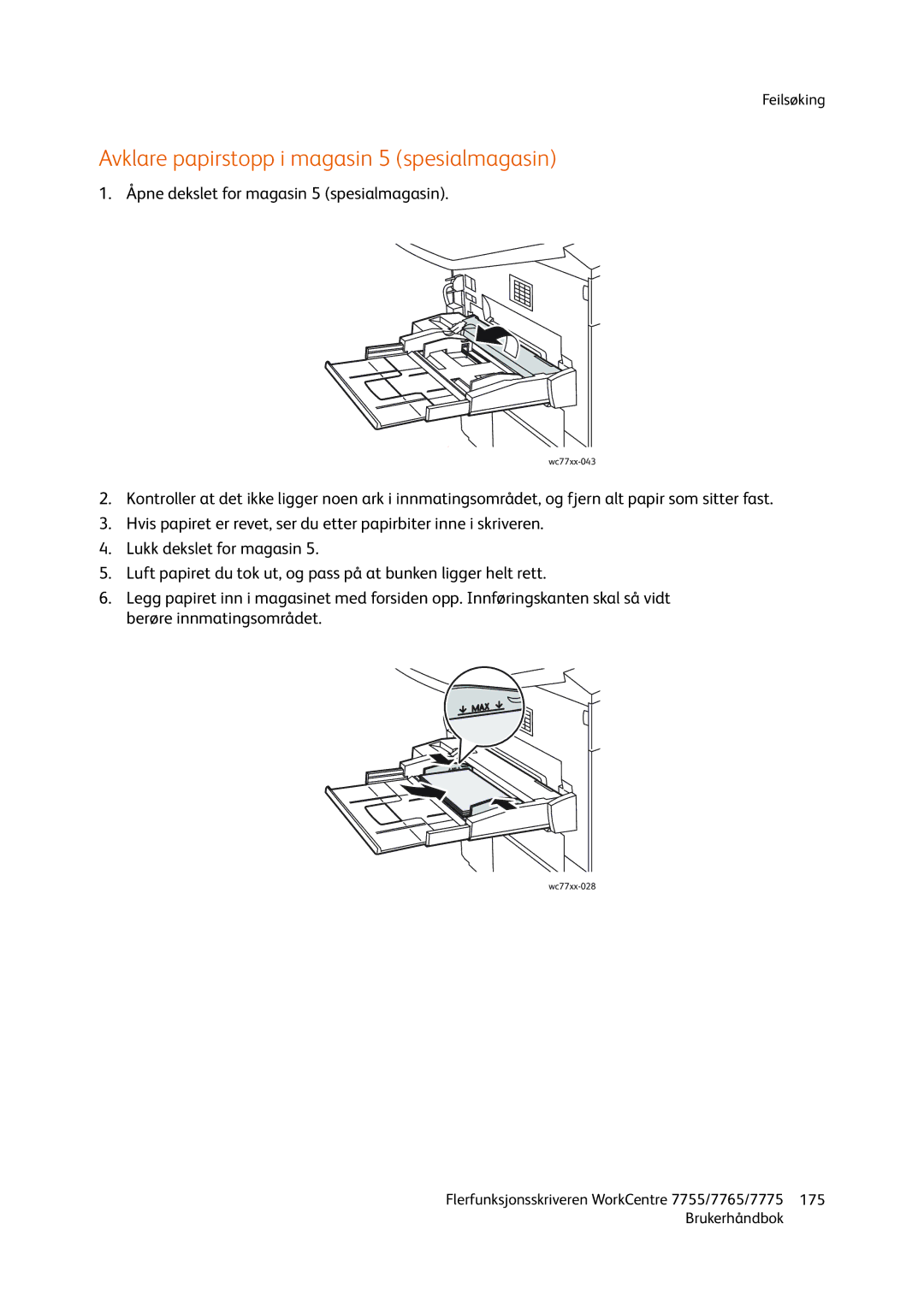 Xerox 7775, 7765, 755 manual Avklare papirstopp i magasin 5 spesialmagasin 