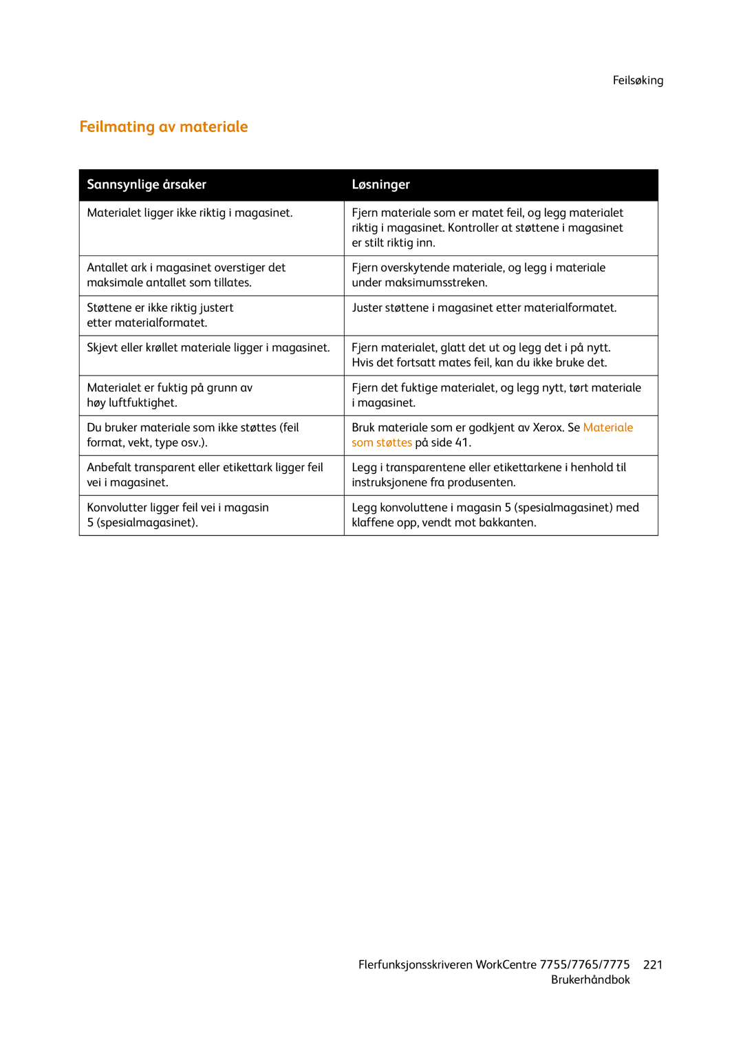 Xerox 755, 7765, 7775 manual Feilmating av materiale 