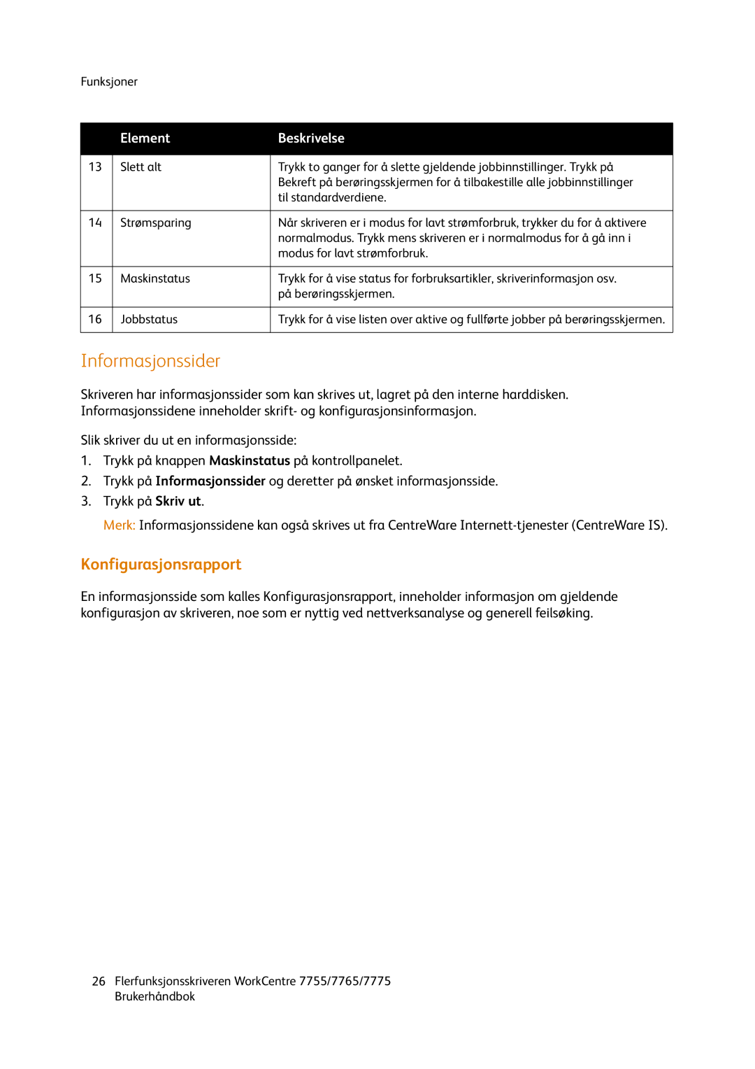 Xerox 755, 7765, 7775 manual Informasjonssider, Konfigurasjonsrapport 