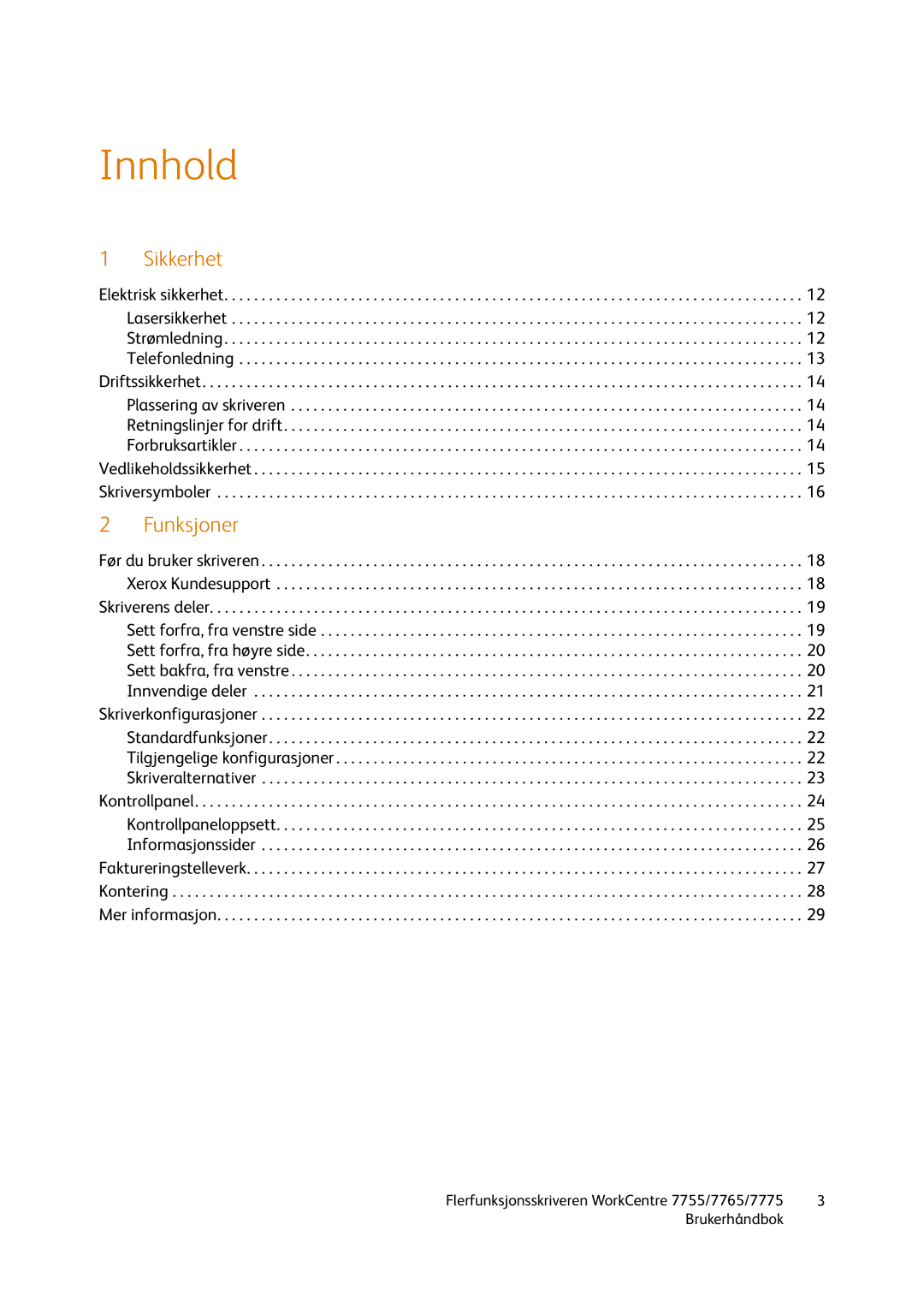 Xerox 7765, 7775, 755 manual Innhold 