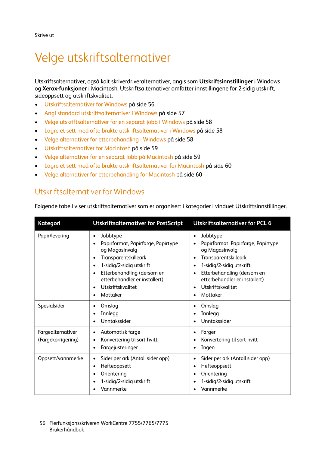 Xerox 755, 7765, 7775 manual Velge utskriftsalternativer, Utskriftsalternativer for Windows 