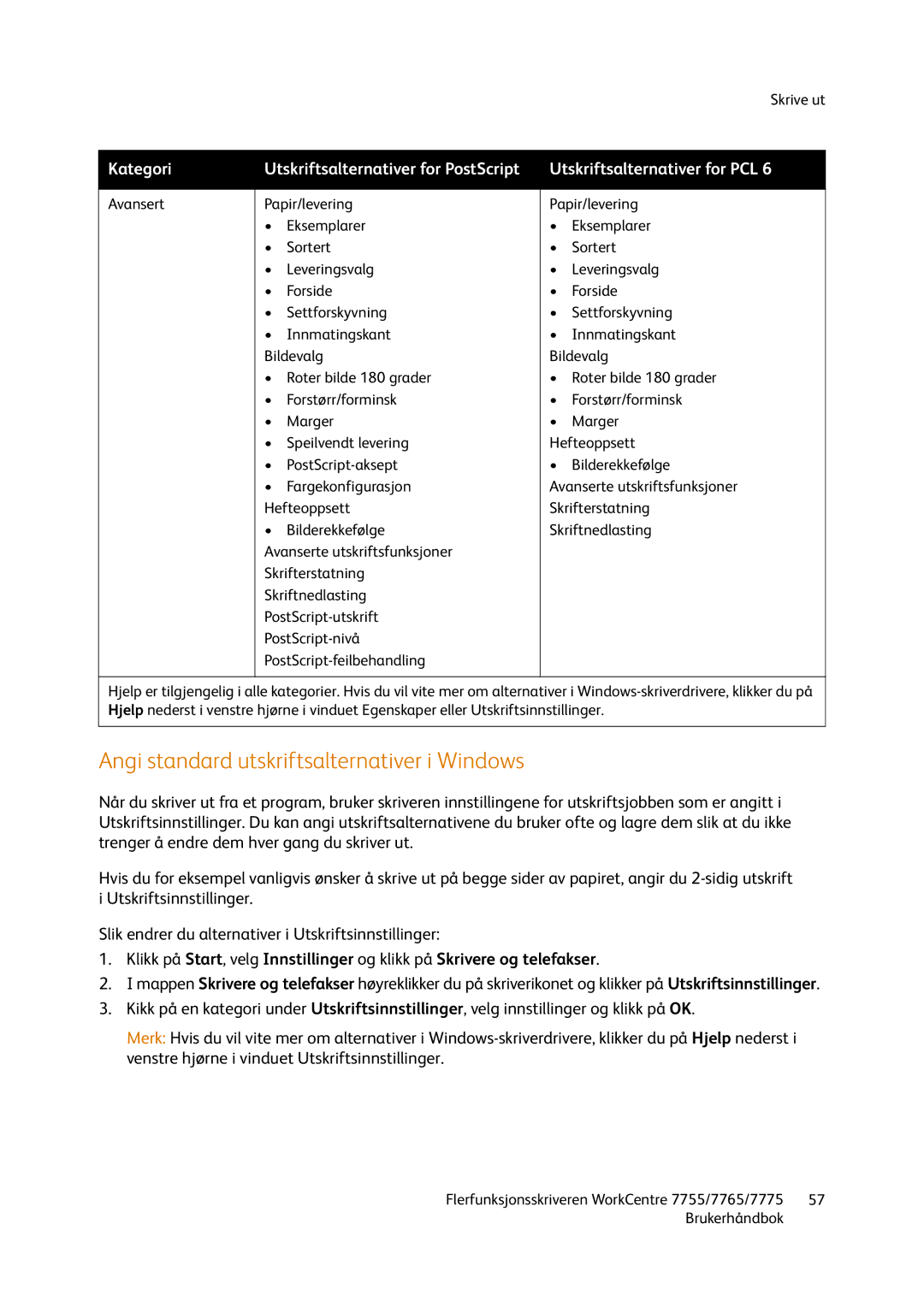 Xerox 7765, 7775, 755 manual Angi standard utskriftsalternativer i Windows 