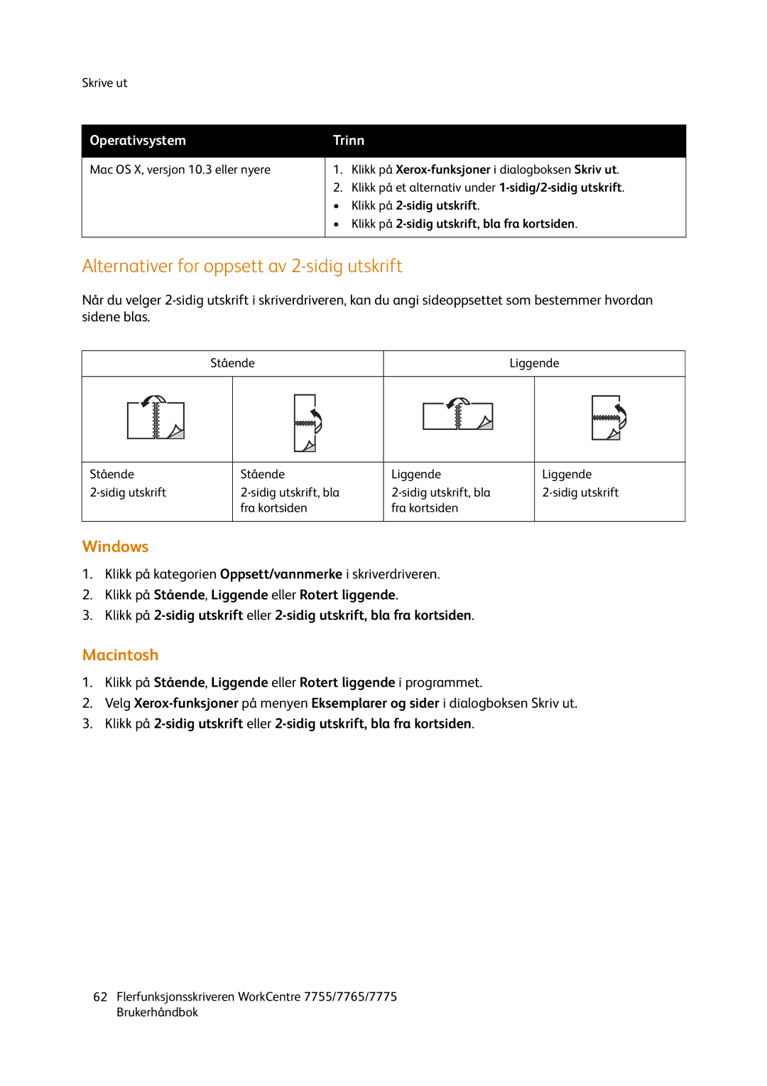 Xerox 755, 7765, 7775 manual Alternativer for oppsett av 2-sidig utskrift, Windows, Macintosh 