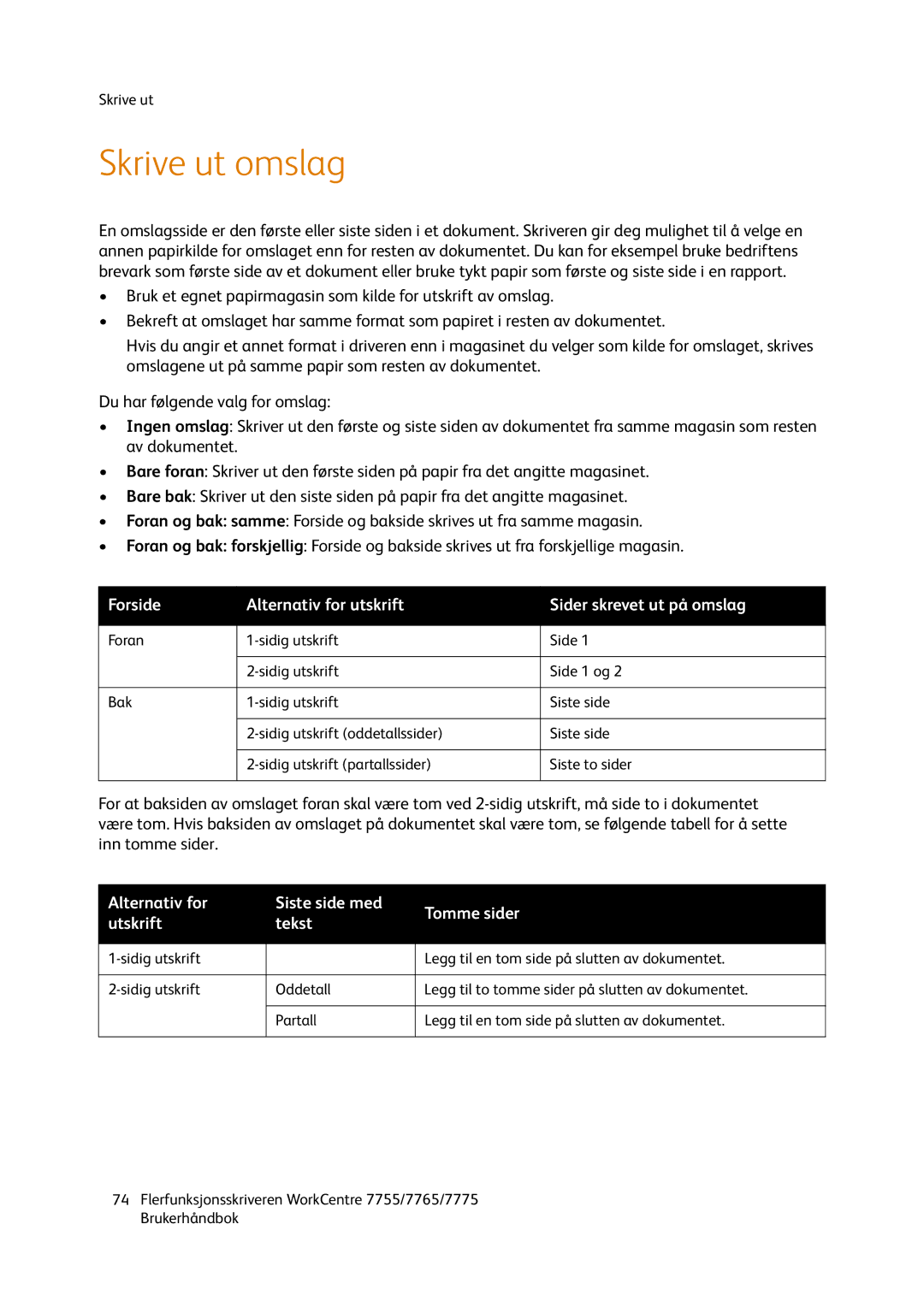 Xerox 755, 7765, 7775 manual Skrive ut omslag, Forside Alternativ for utskrift Sider skrevet ut på omslag 