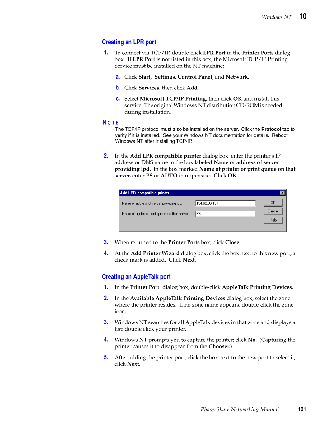 Xerox 840, 780, 360 manual Creating an LPR port, Creating an AppleTalk port, 101 