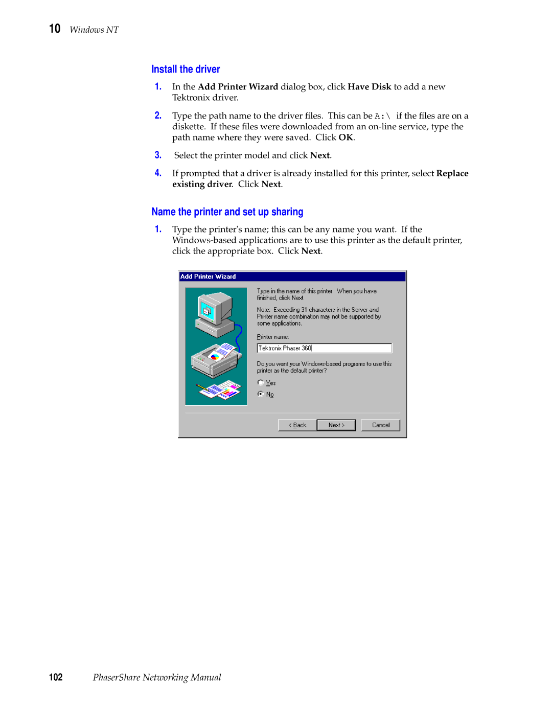 Xerox 360, 780, 840 manual Install the driver, Name the printer and set up sharing 