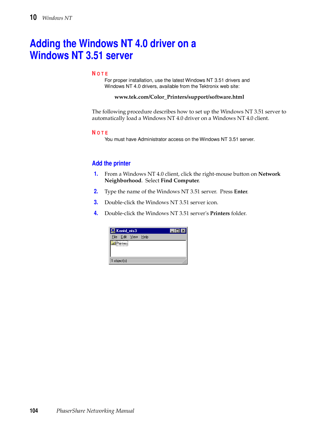 Xerox 840, 780, 360 manual Adding the Windows NT 4.0 driver on a Windows NT 3.51 server 