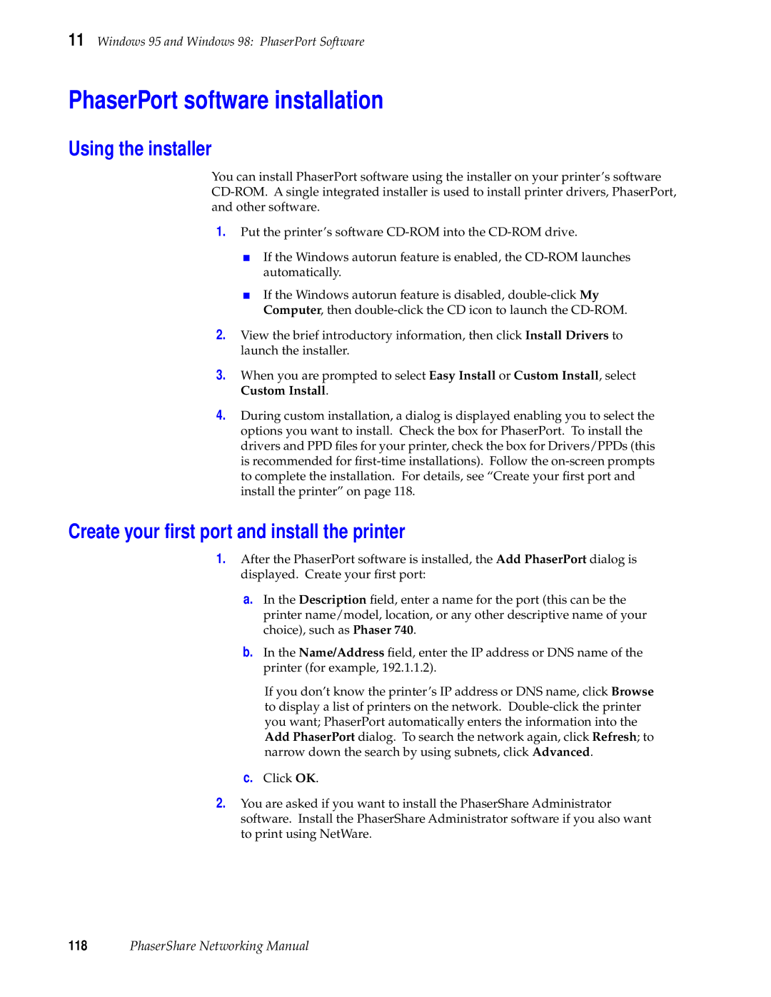 Xerox 780, 840, 360 PhaserPort software installation, Using the installer, Create your ﬁrst port and install the printer 