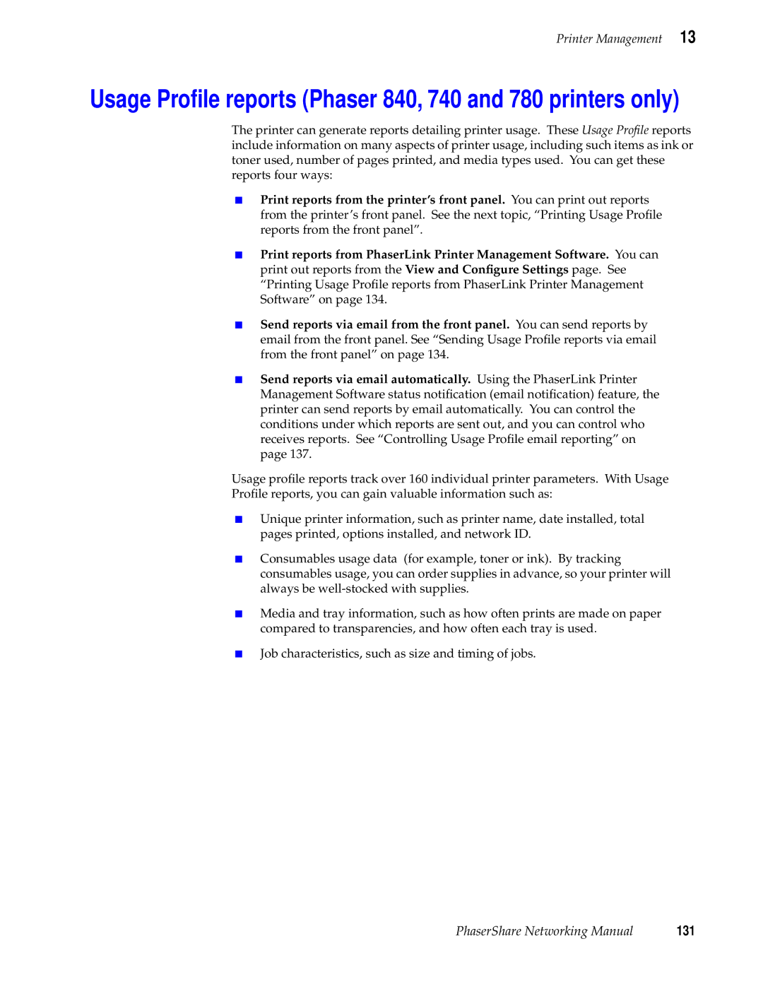 Xerox 360 manual Usage Proﬁle reports Phaser 840, 740 and 780 printers only, 131 