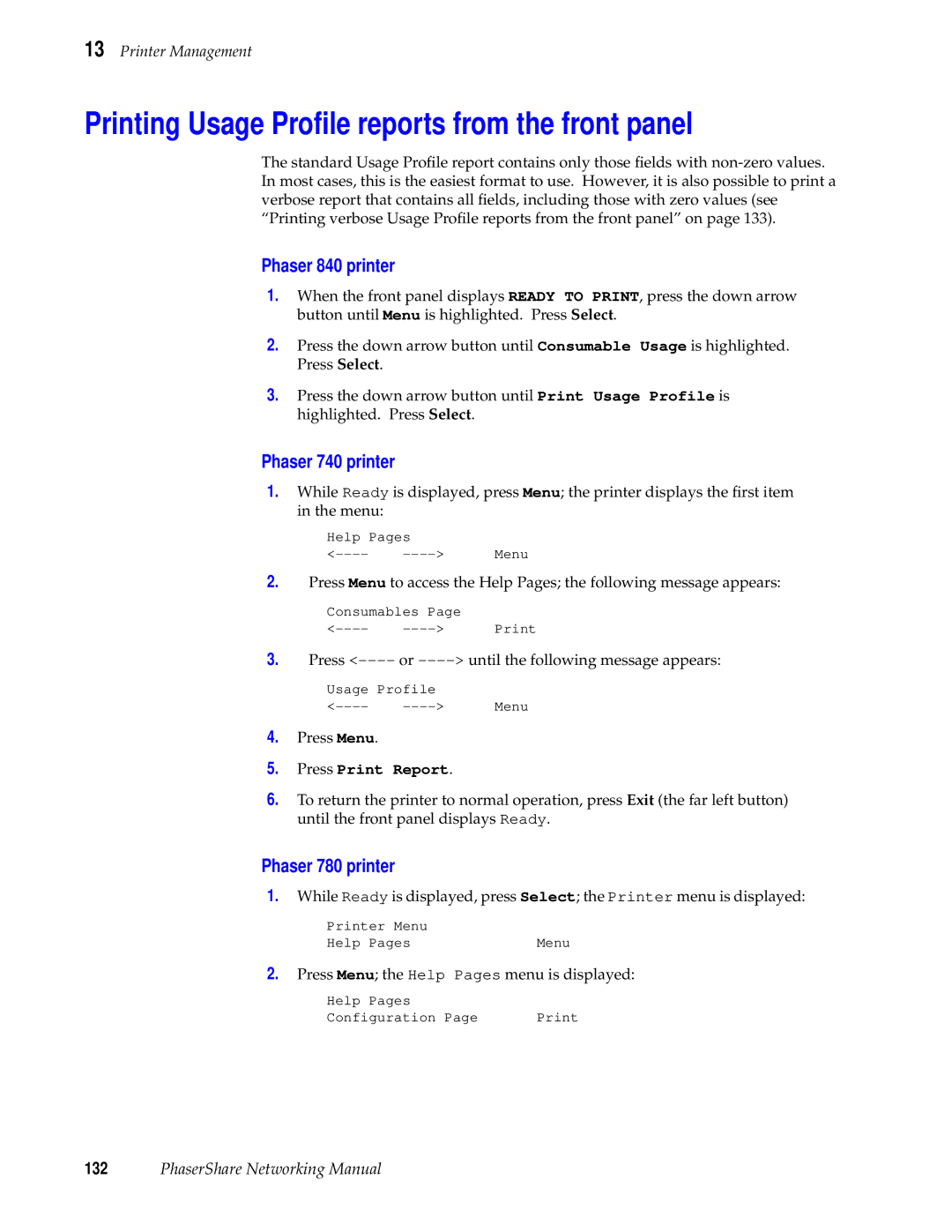 Xerox 360, 780 manual Printing Usage Proﬁle reports from the front panel, Phaser 840 printer, Phaser 740 printer 