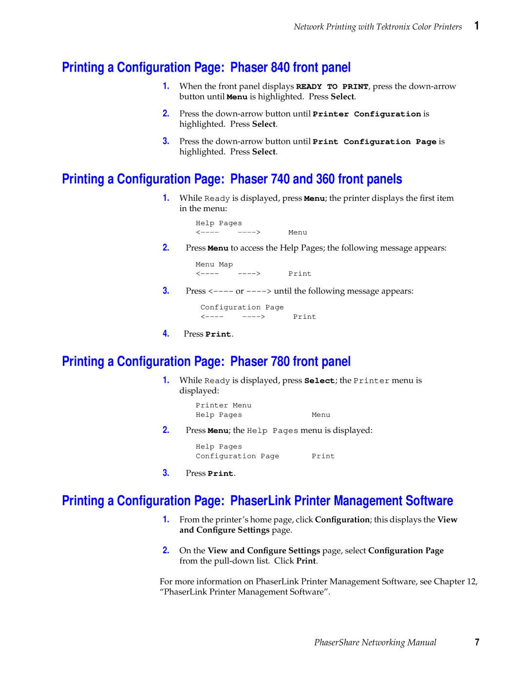 Xerox 360 Printing a Conﬁguration Page Phaser 840 front panel, Printing a Conﬁguration Page Phaser 780 front panel 