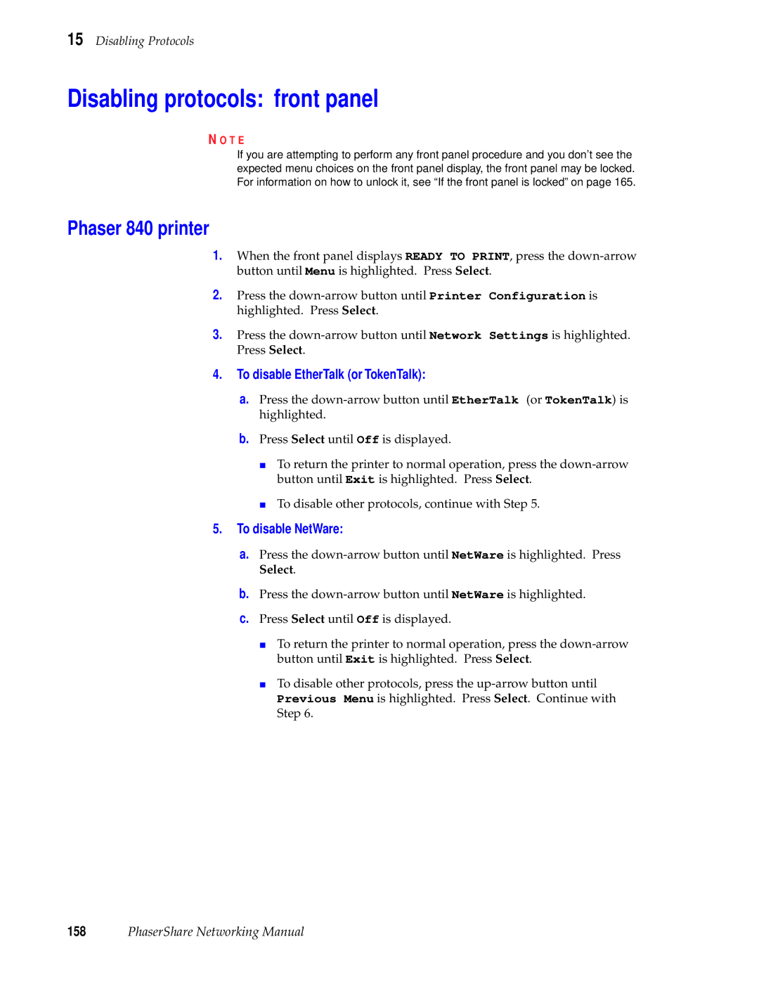 Xerox 780, 360 manual Disabling protocols front panel, Phaser 840 printer 