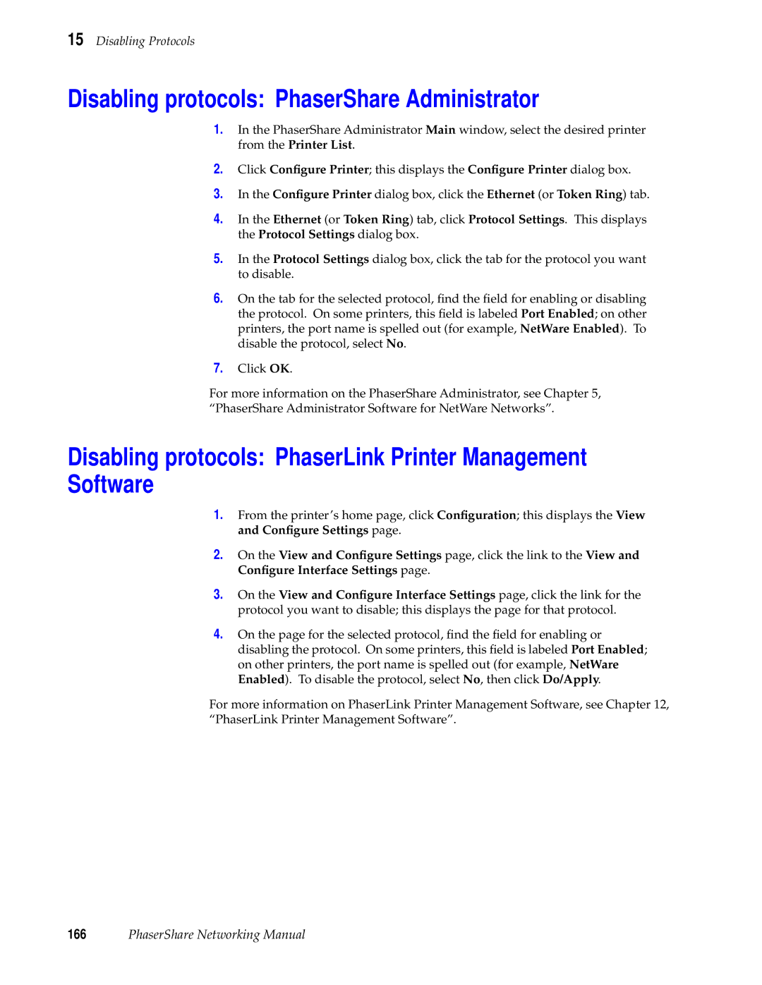 Xerox 780, 840 Disabling protocols PhaserShare Administrator, Disabling protocols PhaserLink Printer Management Software 