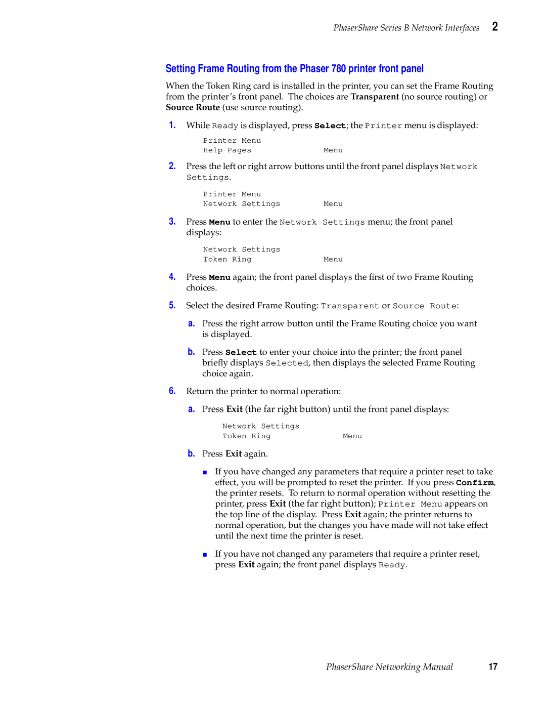 Xerox 840, 780, 360 manual Printer Menu Network Settings 