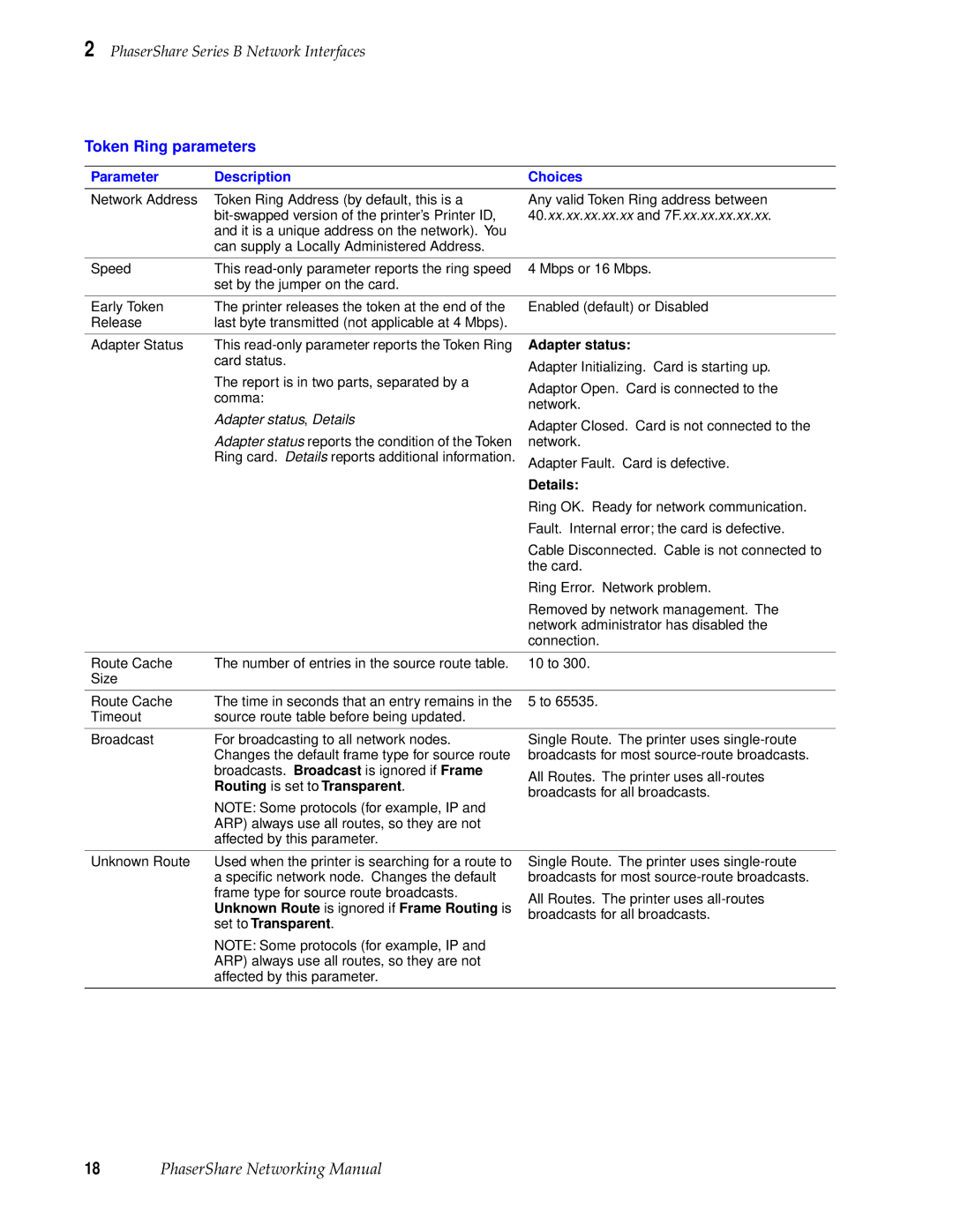 Xerox 360, 780, 840 manual Token Ring parameters, Parameter Description Choices 