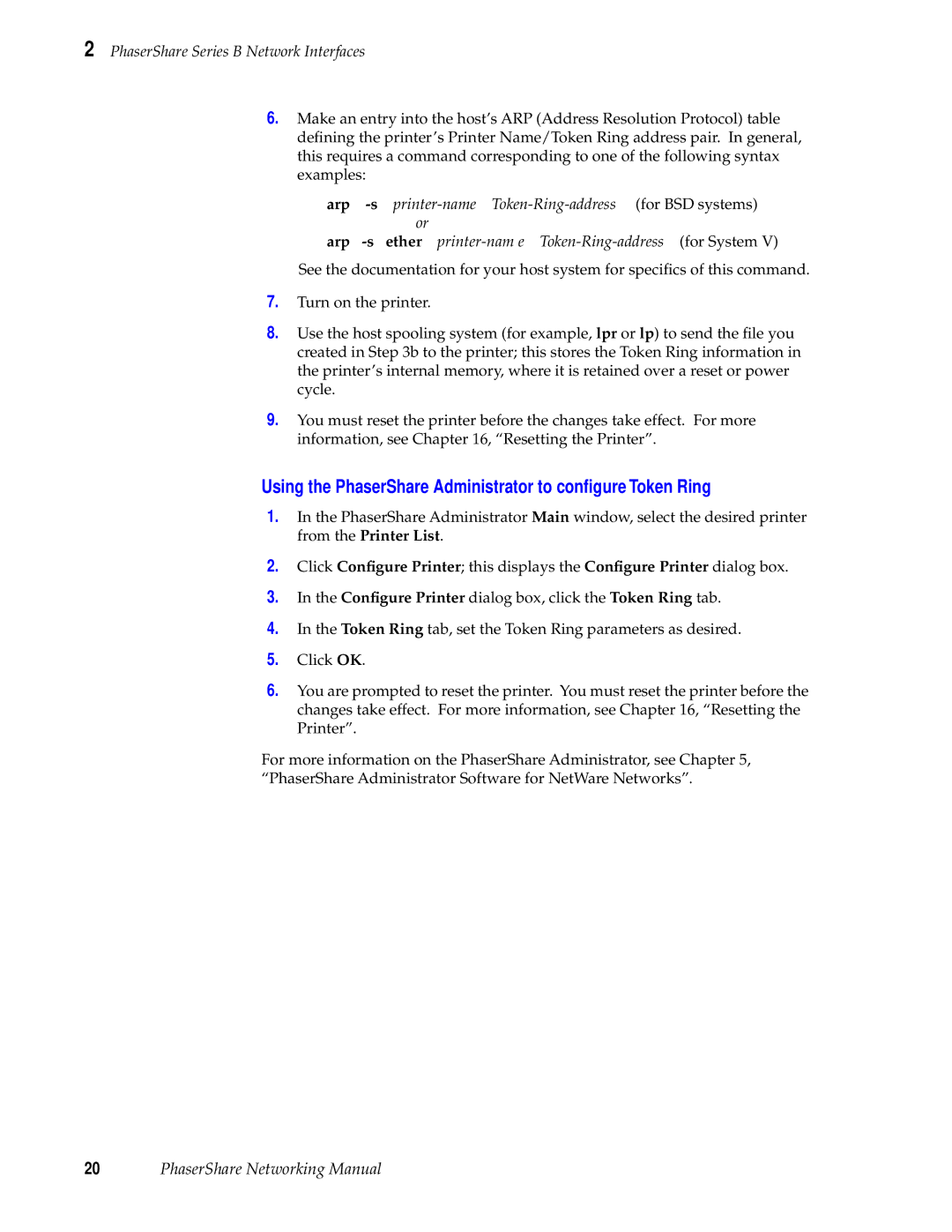 Xerox 840 Using the PhaserShare Administrator to conﬁgure Token Ring, Ether printer-nam e Token-Ring-address for System 