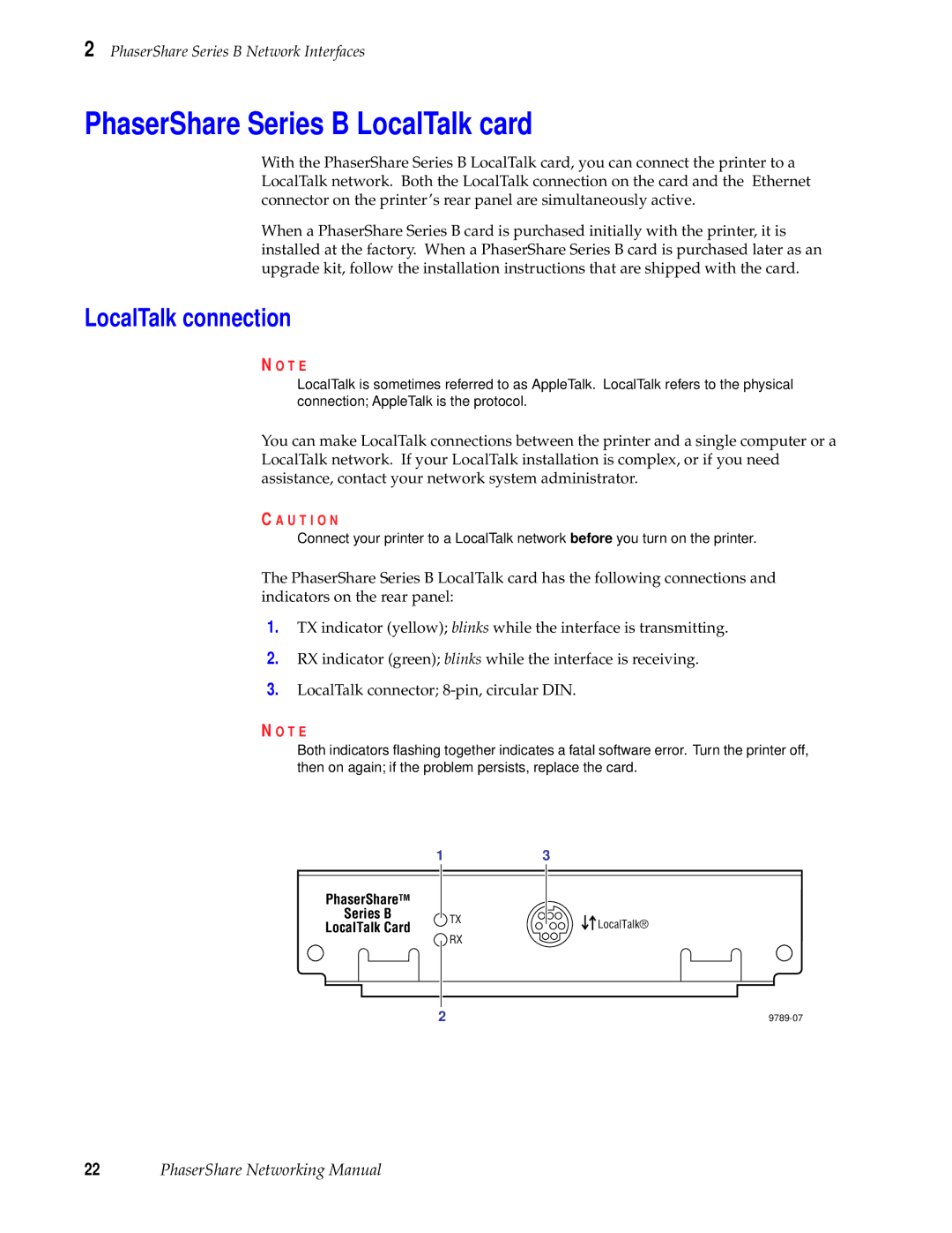 Xerox 780, 840, 360 manual PhaserShare Series B LocalTalk card, LocalTalk connection 