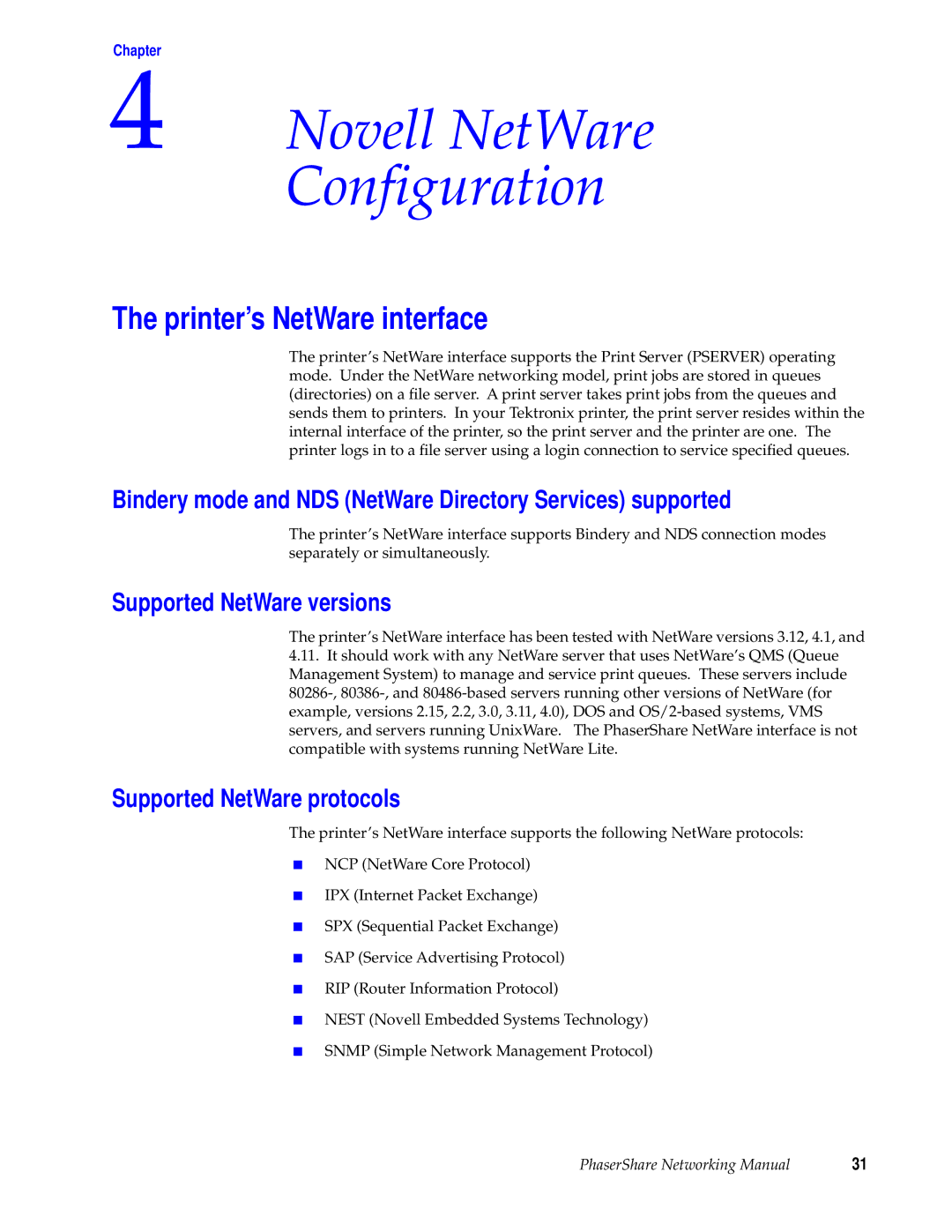 Xerox 780, 840, 360 manual Novell NetWare Configuration, Printer’s NetWare interface, Supported NetWare versions 