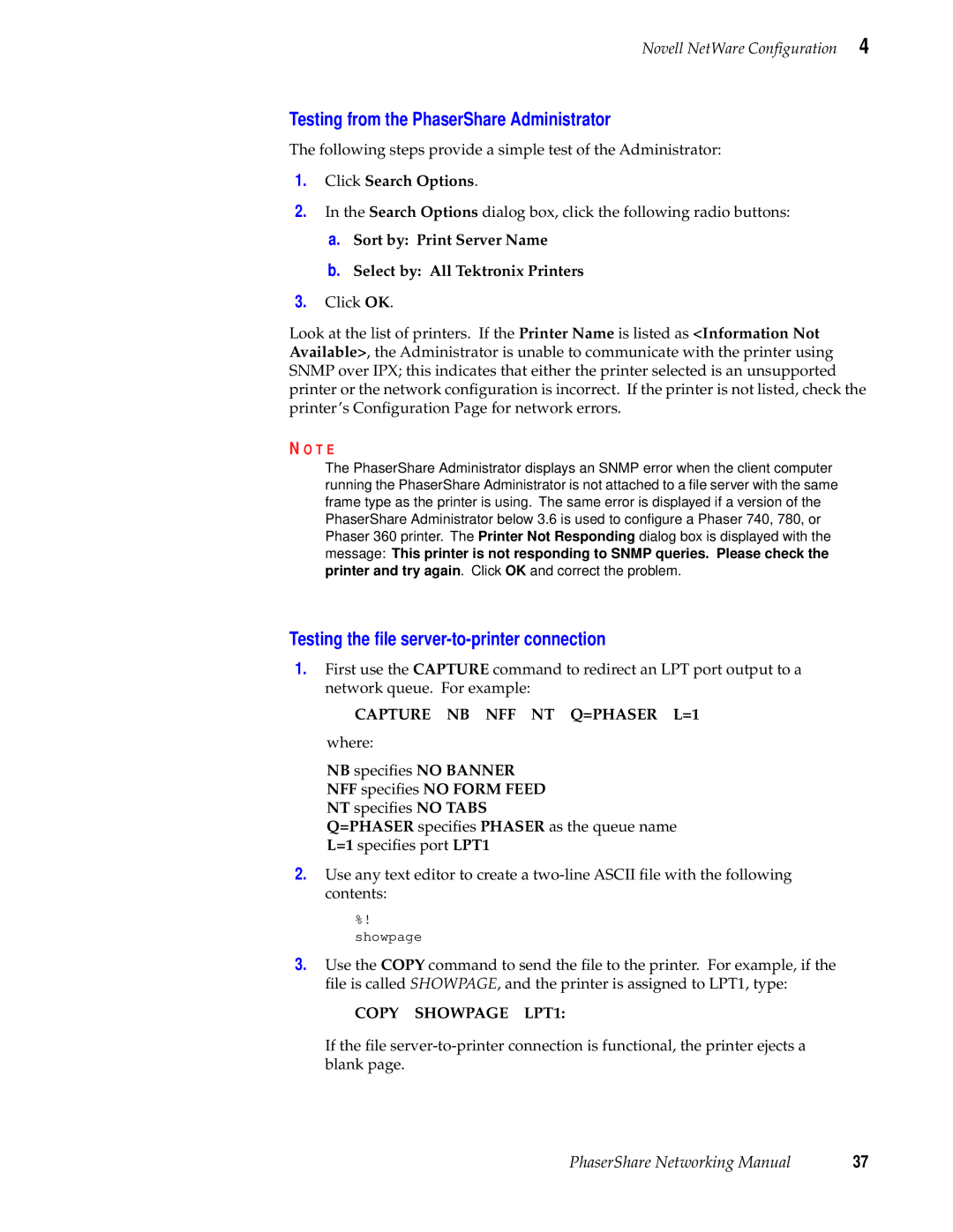 Xerox 780, 840, 360 manual Testing from the PhaserShare Administrator, Testing the ﬁle server-to-printer connection 