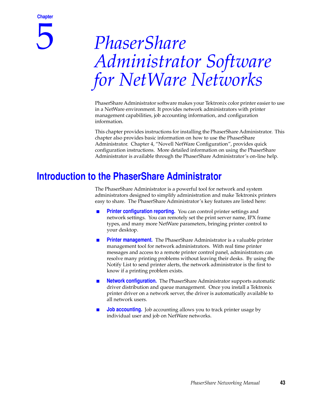 Xerox 780, 840, 360 PhaserShare Administrator Software for NetWare Networks, Introduction to the PhaserShare Administrator 