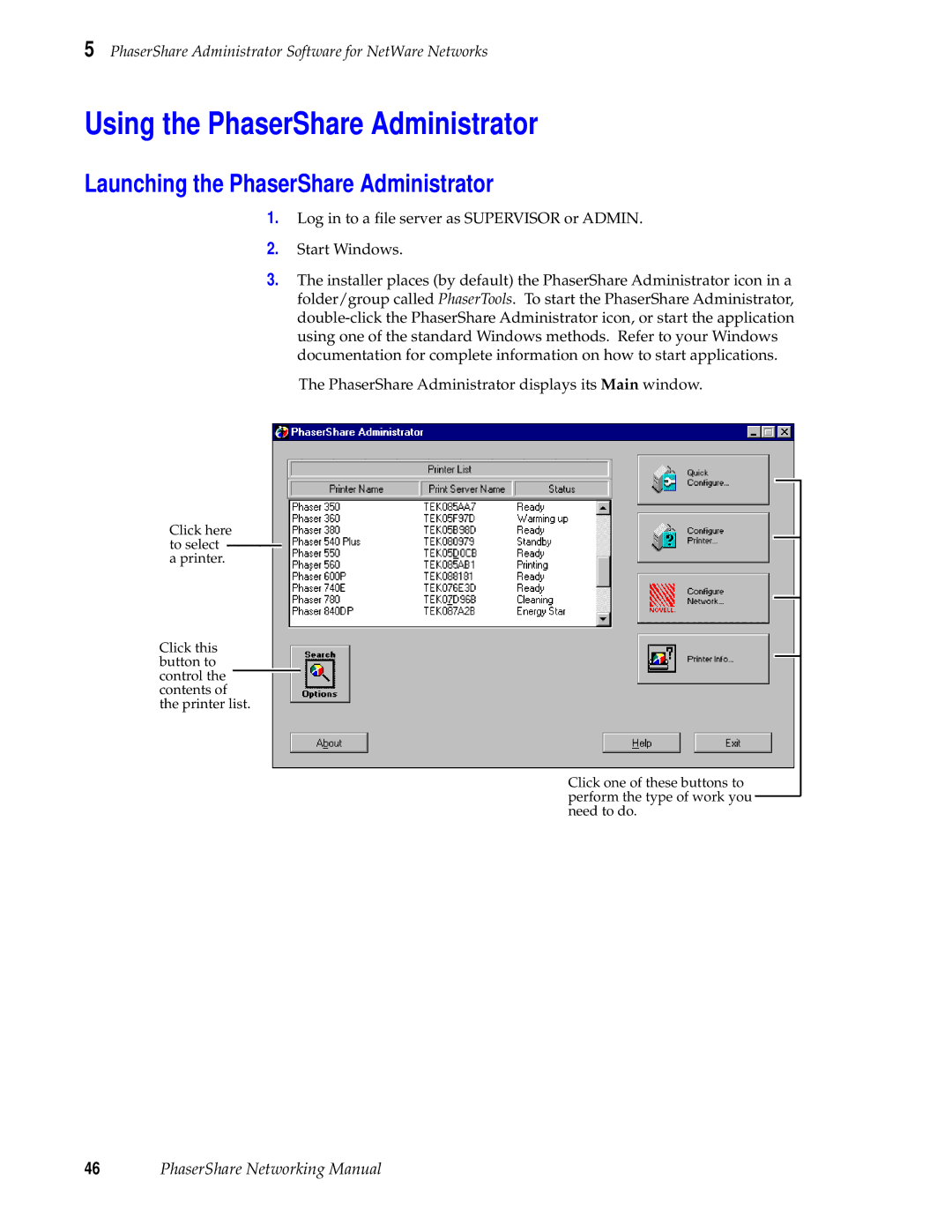 Xerox 780, 840, 360 manual Using the PhaserShare Administrator, Launching the PhaserShare Administrator 