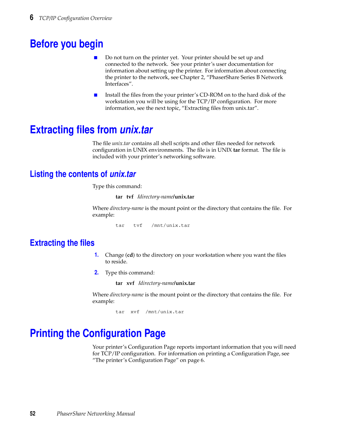 Xerox 780 Extracting ﬁles from unix.tar, Printing the Conﬁguration, Listing the contents of unix.tar, Extracting the ﬁles 