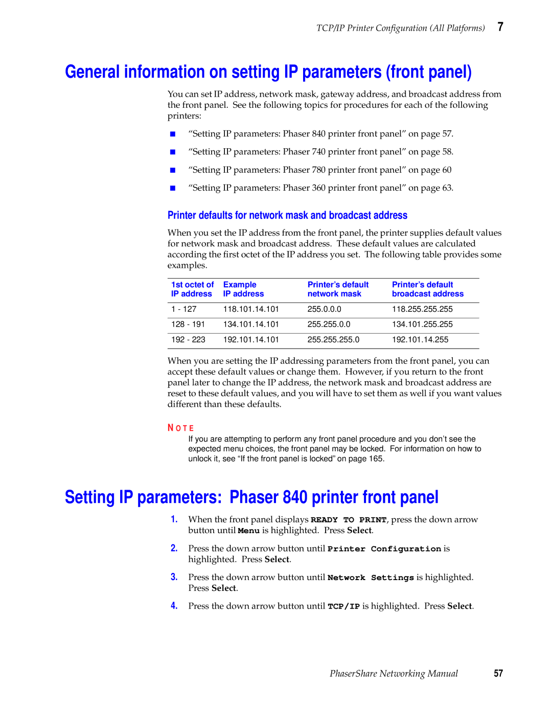 Xerox 360 Setting IP parameters Phaser 840 printer front panel, Printer defaults for network mask and broadcast address 