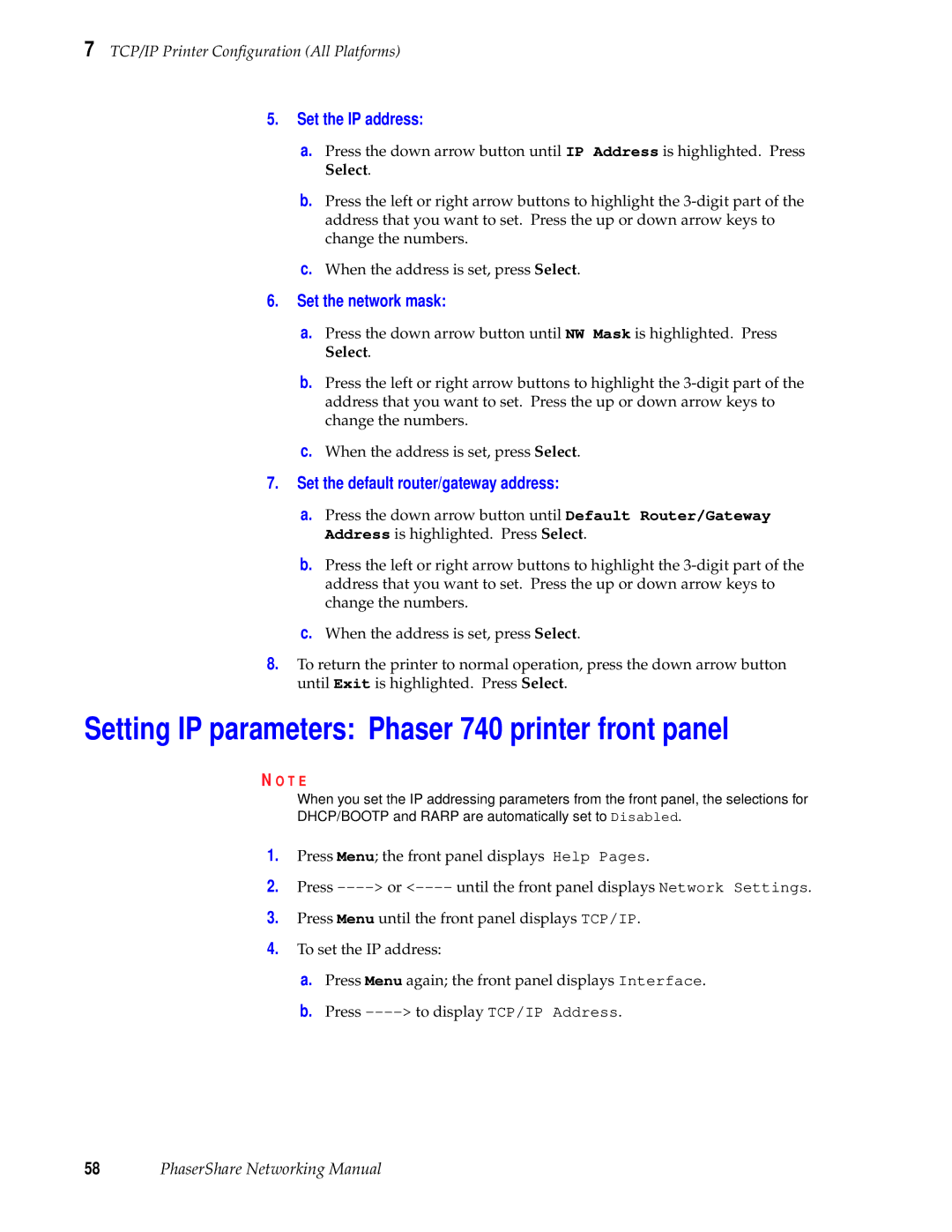 Xerox 780, 840, 360 manual Setting IP parameters Phaser 740 printer front panel, Set the IP address 