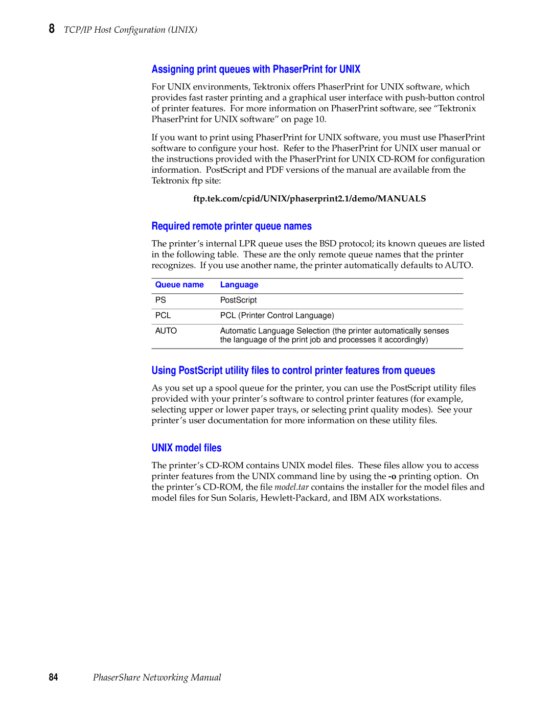 Xerox 360, 780, 840 Assigning print queues with PhaserPrint for Unix, Required remote printer queue names, Unix model ﬁles 