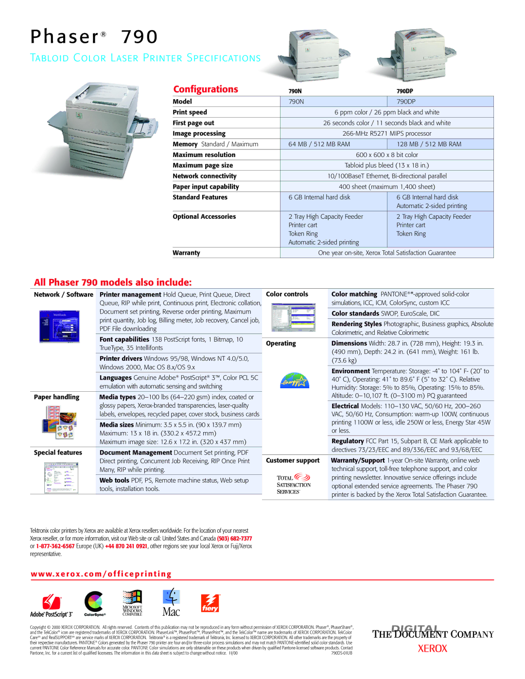 Xerox 790N, 790DP warranty Configurations, All Phaser 790 models also include 