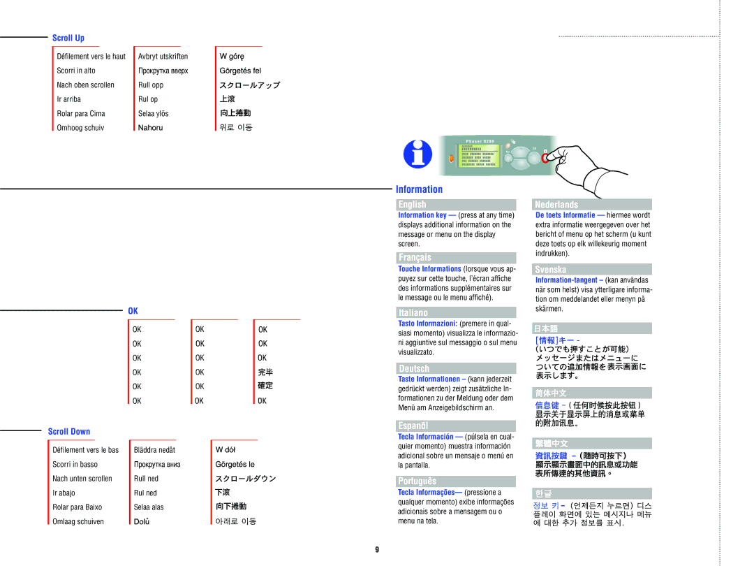 Xerox 8 2 0 0 manual Scroll Up, Scroll Down 