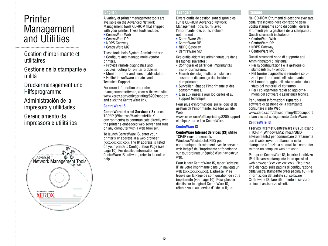 Xerox 8 2 0 0 manual Printer Management Utilities, CentreWare is 