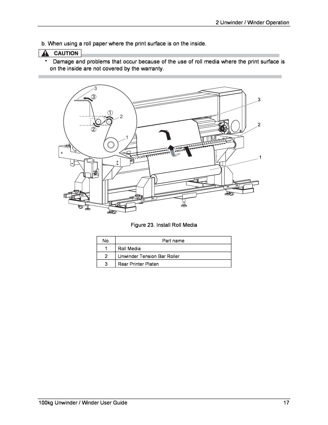 Xerox 8254E, 8264E manual Unwinder / Winder Operation, Install Roll Media, 100kg Unwinder / Winder User Guide 