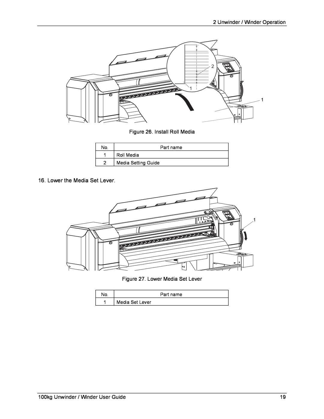 Xerox 8254E Unwinder / Winder Operation, Install Roll Media, Lower Media Set Lever, 100kg Unwinder / Winder User Guide 