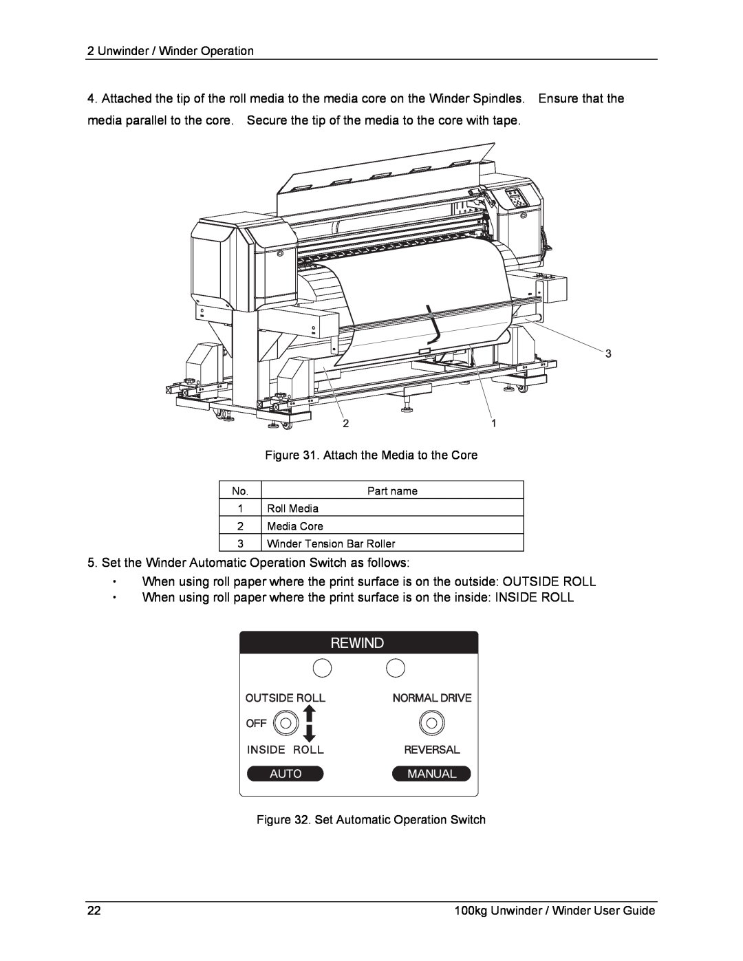 Xerox 8264E, 8254E manual Unwinder / Winder Operation, Attach the Media to the Core, Set Automatic Operation Switch 