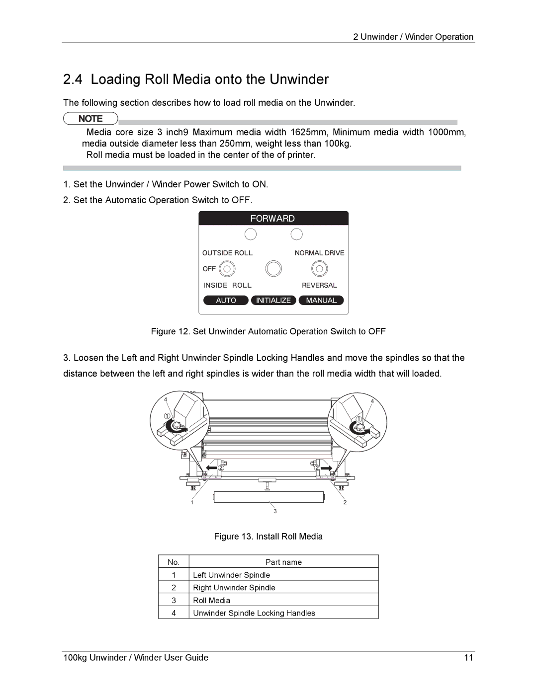 Xerox 8254E, 8264E manual Loading Roll Media onto the Unwinder, Set Unwinder Automatic Operation Switch to OFF 