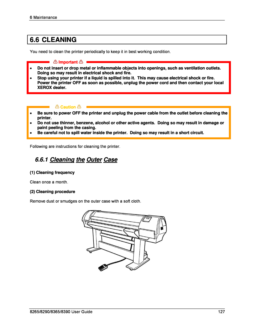 Xerox 8365, 8290, 8265, 8390 manual Cleaning the Outer Case, Cleaning frequency, Cleaning procedure 