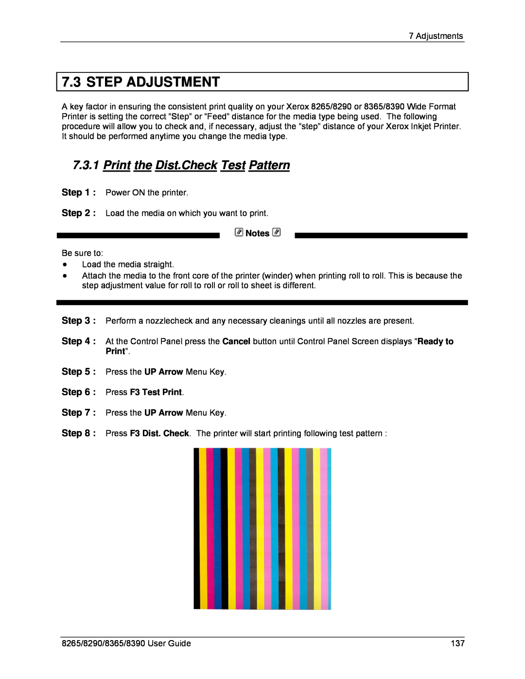 Xerox 8265, 8290, 8390, 8365 manual Step Adjustment, Print the Dist.Check Test Pattern, Press F3 Test Print 