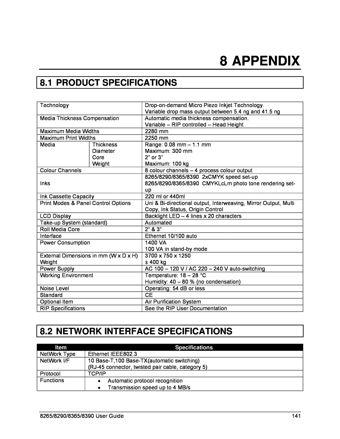 Xerox 8265, 8290, 8390, 8365 manual Appendix, Product Specifications, Network Interface Specifications 