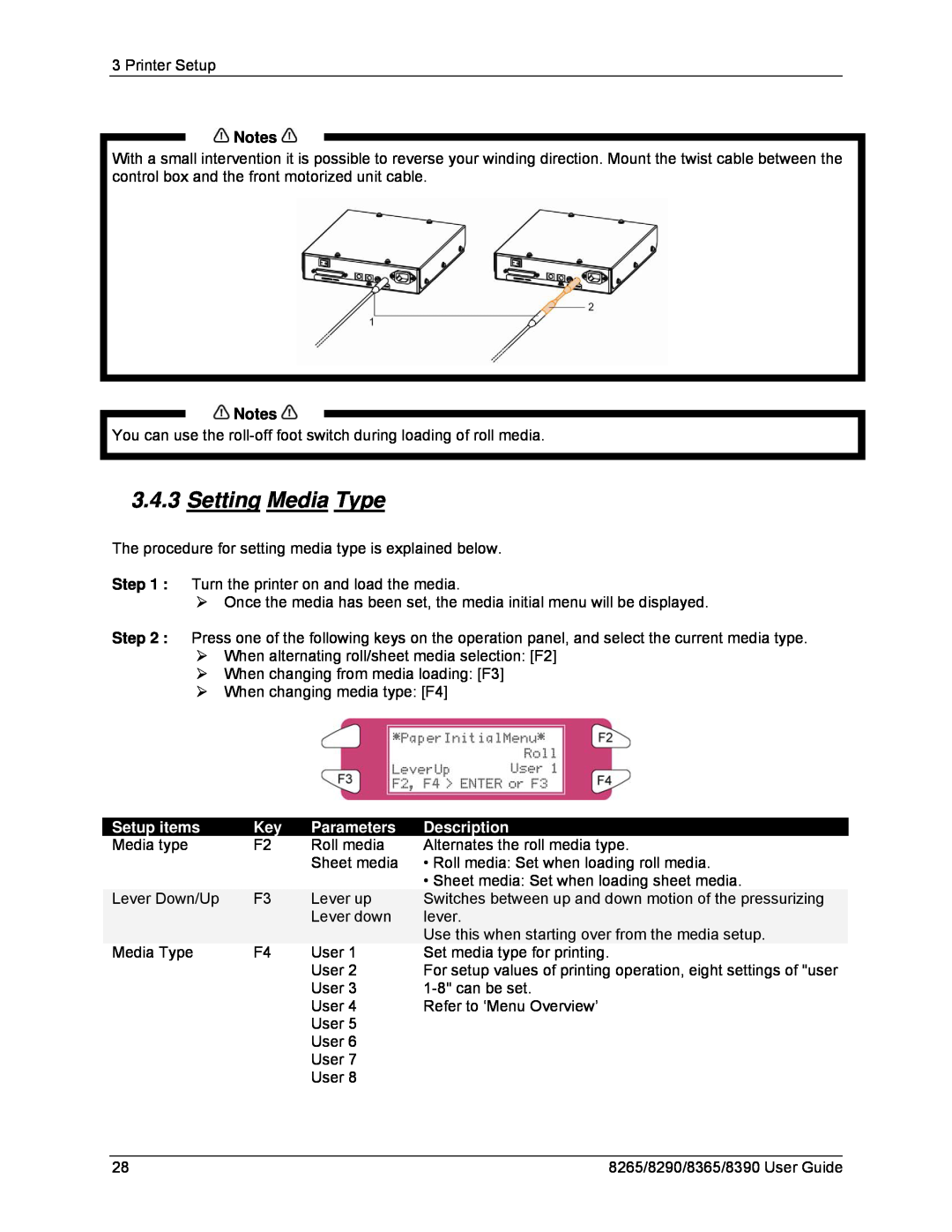 Xerox 8290, 8265, 8390, 8365 manual Setting Media Type, Setup items, Parameters, Description 