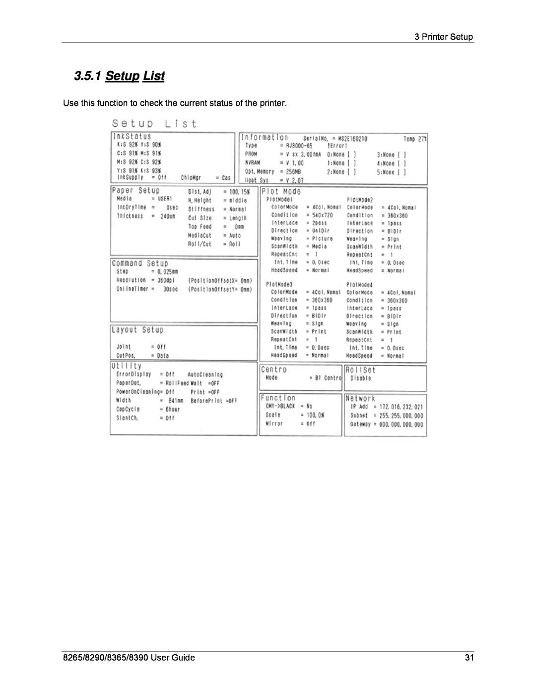 Xerox 8365, 8290, 8265, 8390 manual Setup List, Printer Setup, Use this function to check the current status of the printer 