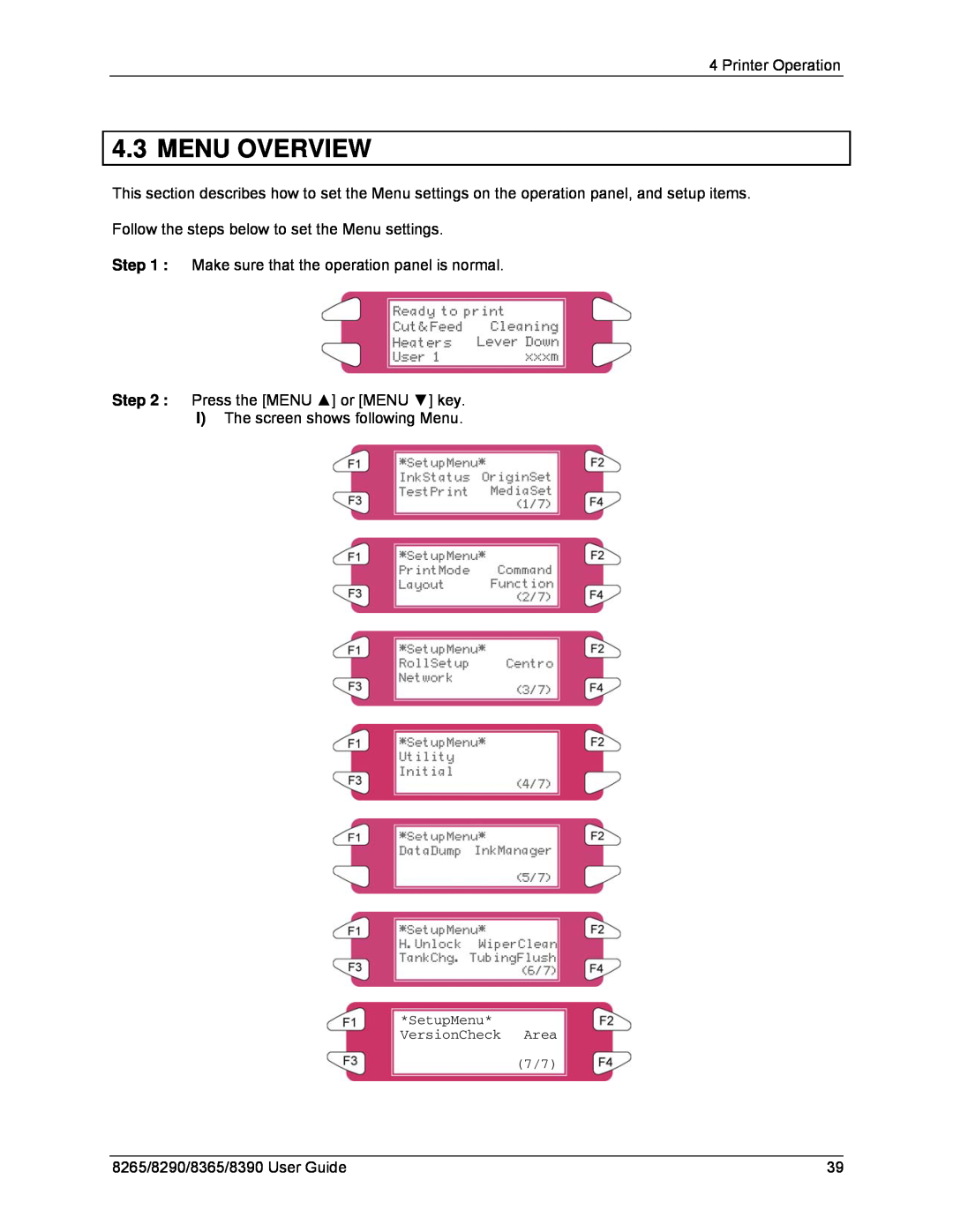 Xerox 8365, 8290, 8265, 8390 manual Menu Overview, SetupMenu* VersionCheck Area 7/7 
