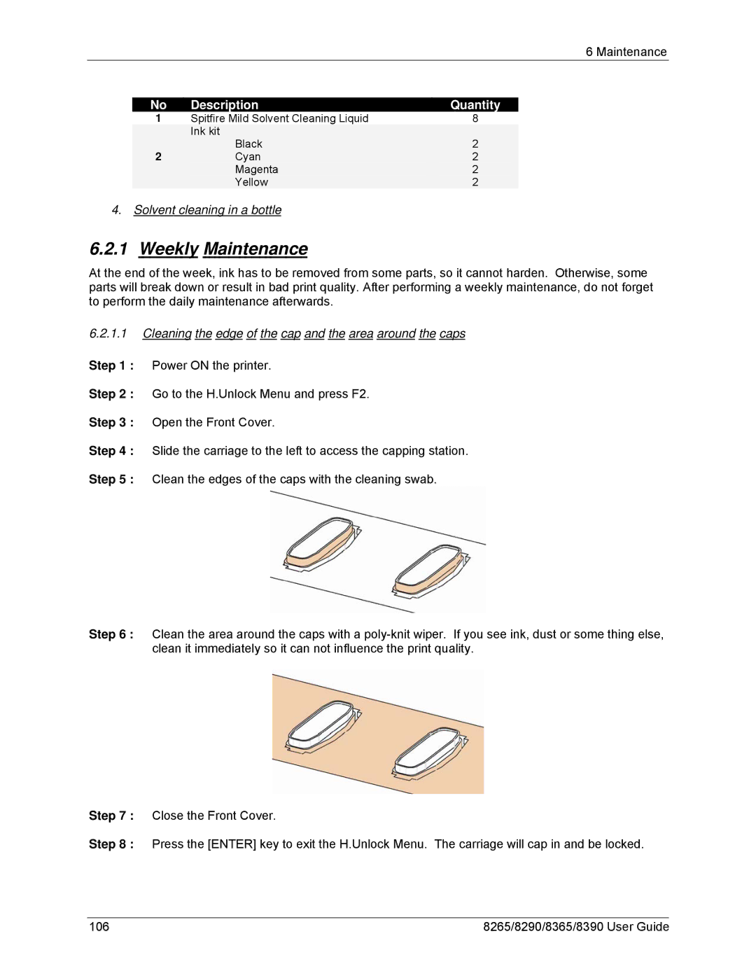 Xerox 8390 Weekly Maintenance, Solvent cleaning in a bottle, Cleaning the edge of the cap and the area around the caps 