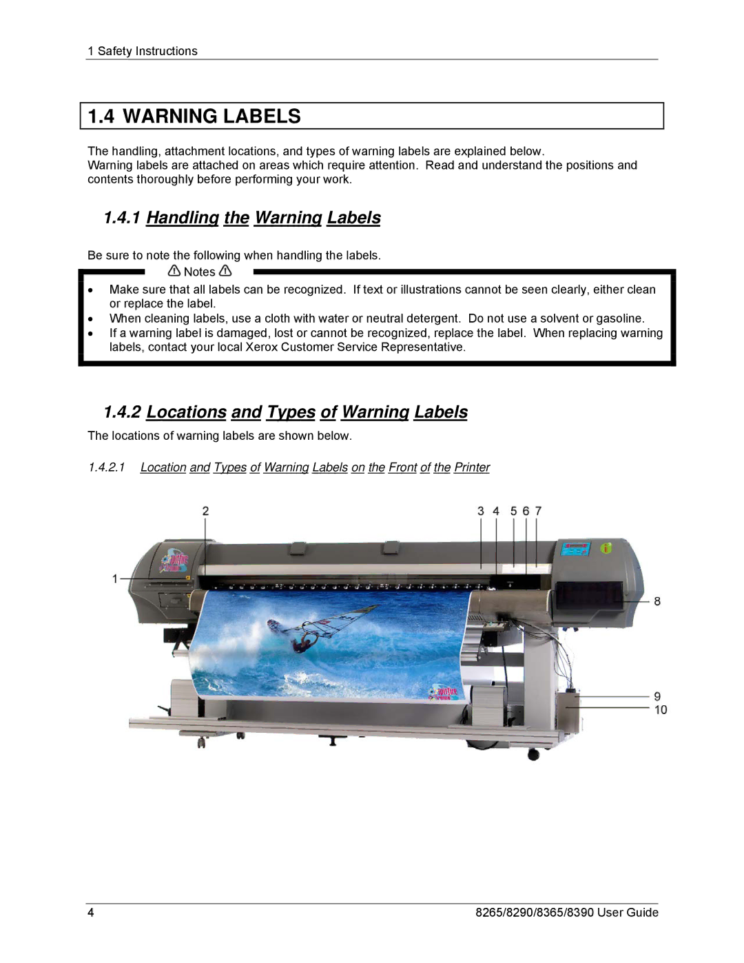 Xerox 8290, 8265, 8390, 8365 manual Handling the Warning Labels, Locations and Types of Warning Labels 