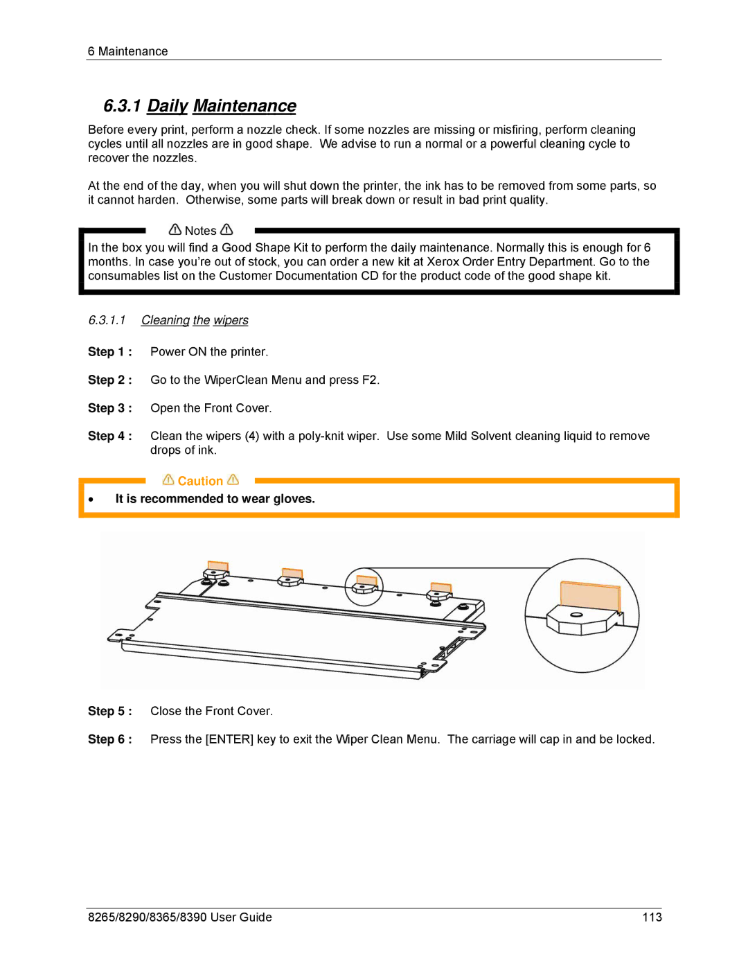 Xerox 8265, 8290, 8390, 8365 manual Daily Maintenance, Cleaning the wipers 