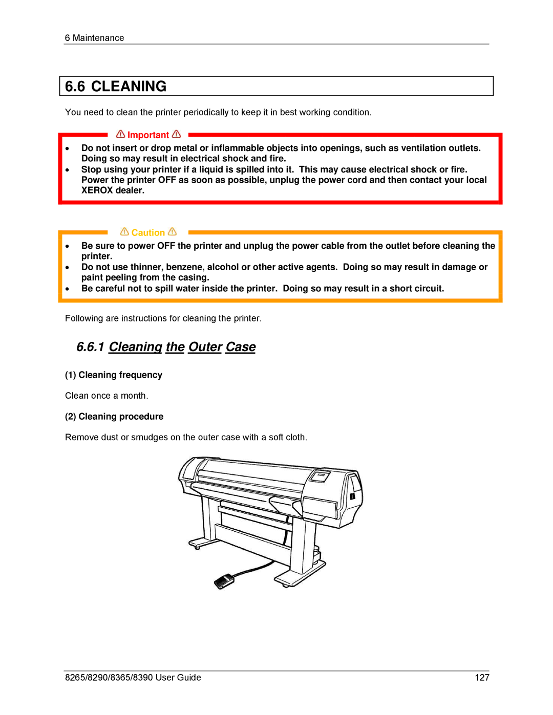 Xerox 8365, 8290, 8265, 8390 manual Cleaning the Outer Case, Cleaning frequency, Cleaning procedure 