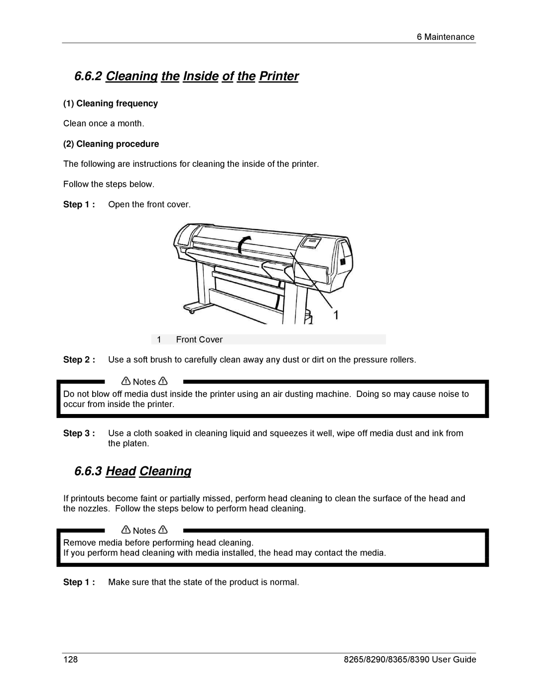 Xerox 8290, 8265, 8390, 8365 manual Cleaning the Inside of the Printer, Head Cleaning 